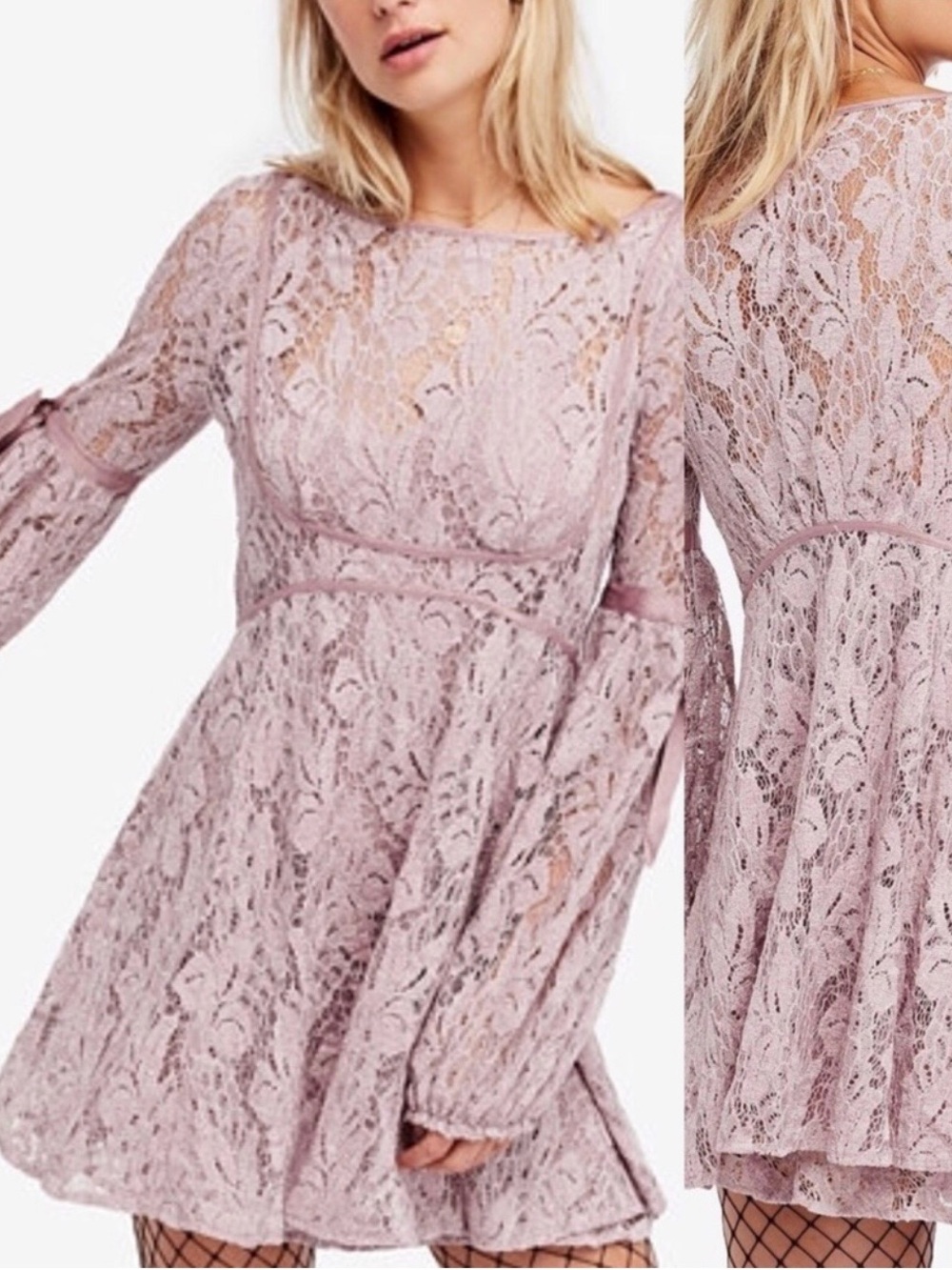 Free People Lace Long-Sleeve Mini Dress in Dusty Rose